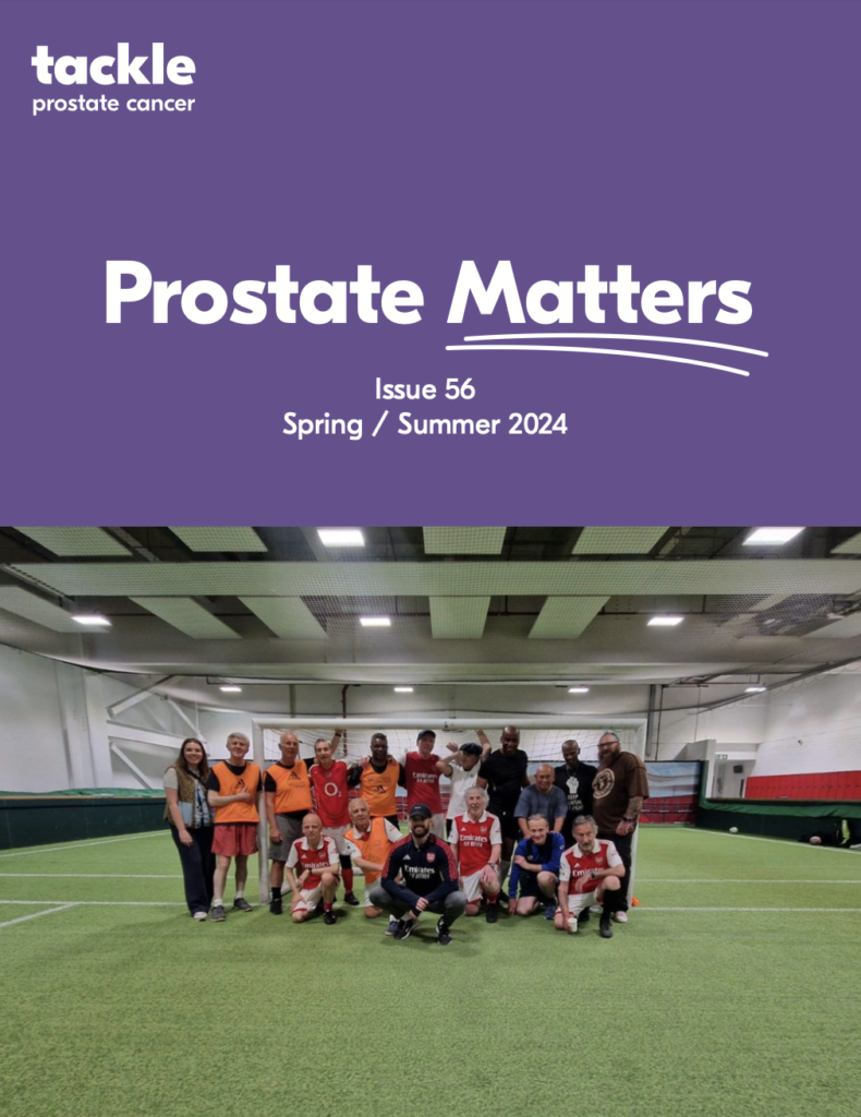Prostate Matters. Spring / Summer 2024. A picture of a team of people on an indoor football pitch, in front of a goal.